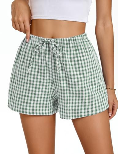 Beftwo Gingham Green Shorts Women Plaid Boxer Checkered Pajama Summer Y2k Lounge Bottoms Comfy Trendy 2025 Loose Drawstring Cotton Boxers Short with Pockets | Amazon (US)