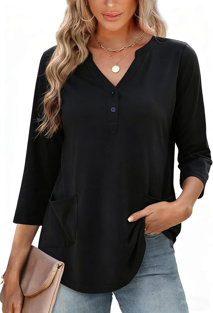 Naggoo Womens Henley Tunic Tops 3/4 Sleeve V Neck Blouses with Pockets | Amazon (US)