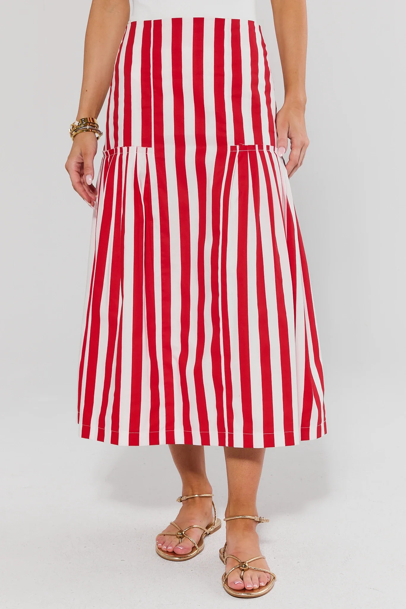 Red Striped Gathered Midi Skirt | Avara