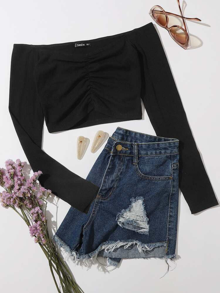 SHEIN Off Shoulder Ruched Rib-knit Top | SHEIN