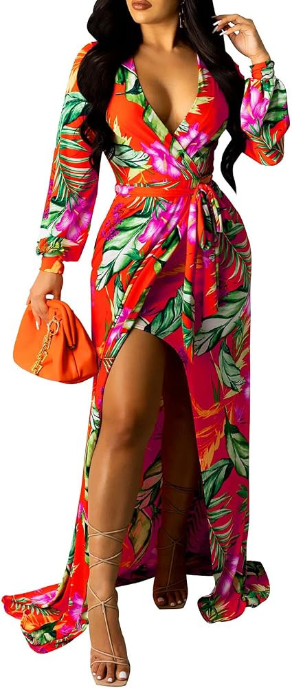 Women's Sexy Floral Wrap Maxi Dress Deep V Neck Long Sleeve Split Casual Dresses | Amazon (US)