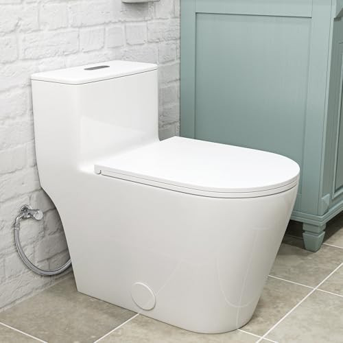 Compact One-Piece Elongated Toilet Dual Flush 1.1/1.6 GPF Siphon Flushing, 12 inch Rough-In, 16-1/8 inches Comfort Standard Height, Quiet Soft-Close Seat, Fully Skirted Easy-Clean Design (White) | Amazon (US)