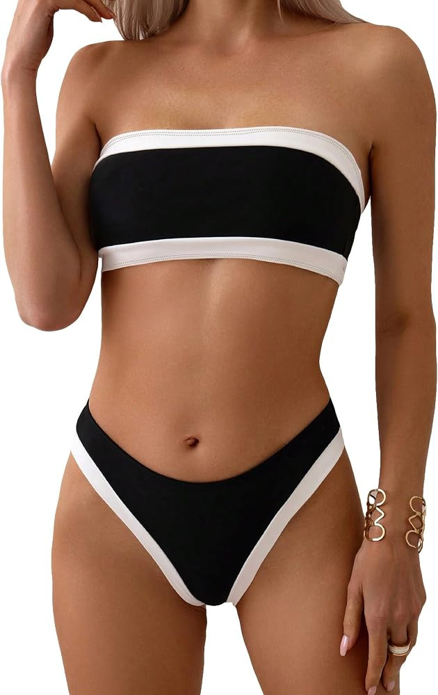 MakeMeChic Women's 2 Piece Bikini Set Color Block Contrast Binding Wireless Bandeau High Cut Summ... | Amazon (US)