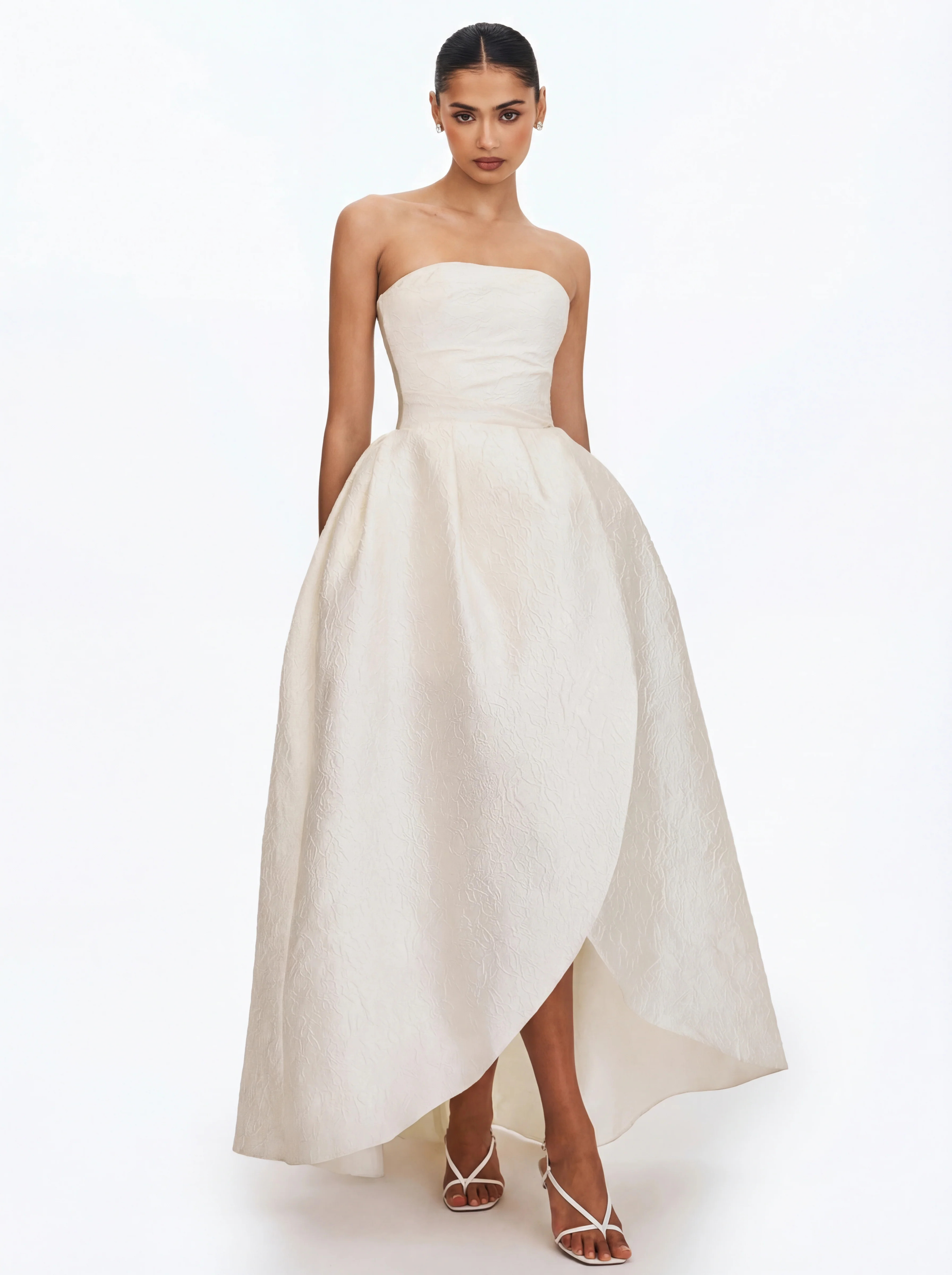 Tomika Ivory Jacquard Dipped Hem Wedding Gown | Miss Circle