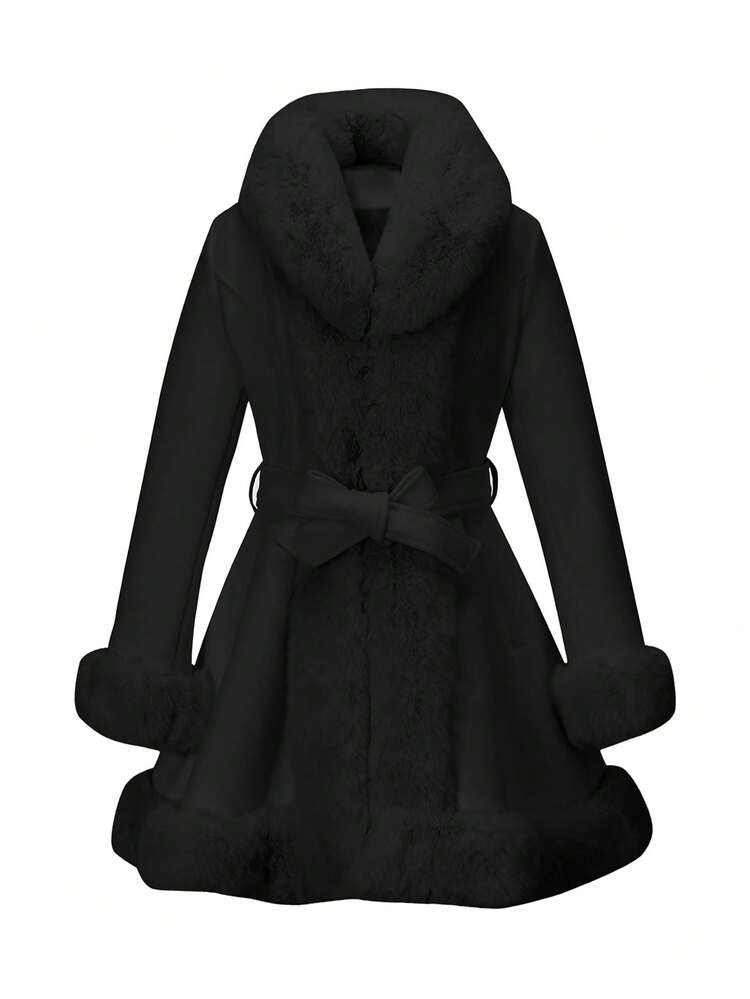 Women's Detachable Belted Coat With Faux Fur Trim For Warmth And Style In Autumn And Winter Fashion | SHEIN