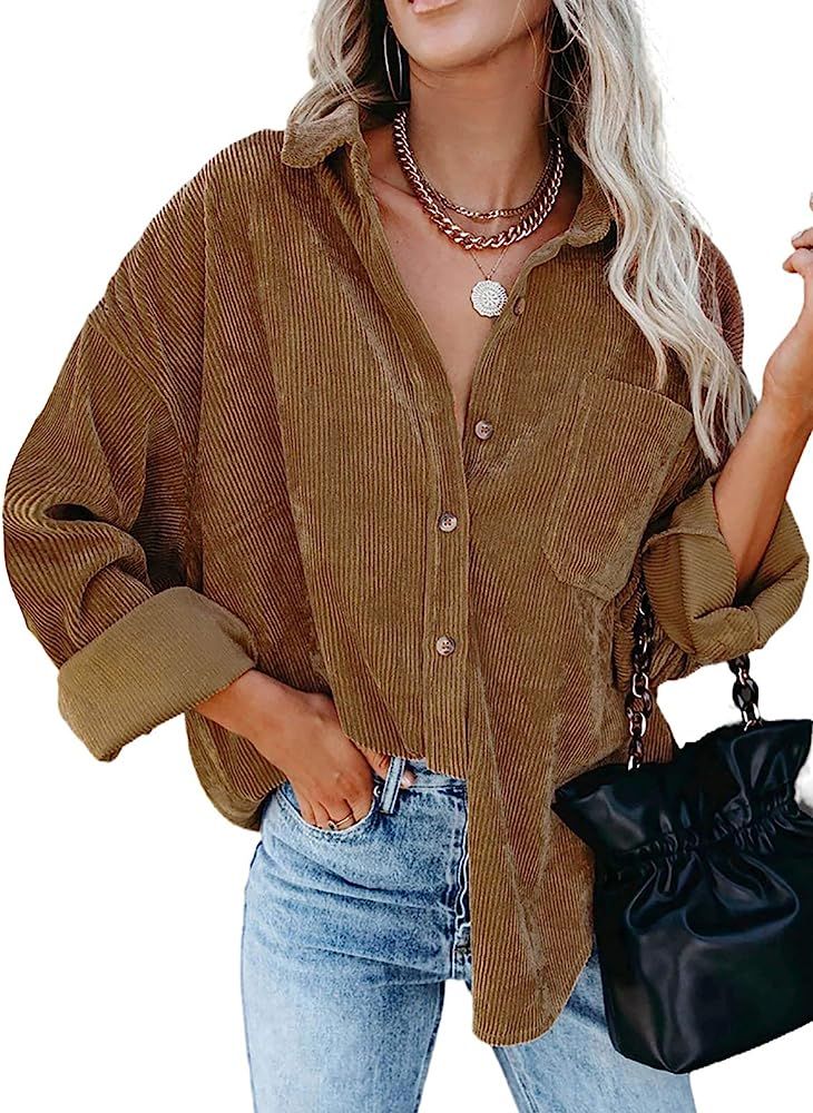 Sidefeel Women Corduroy Long Sleeve Button Down Shirt Oversized Jacket Tops | Amazon (US)