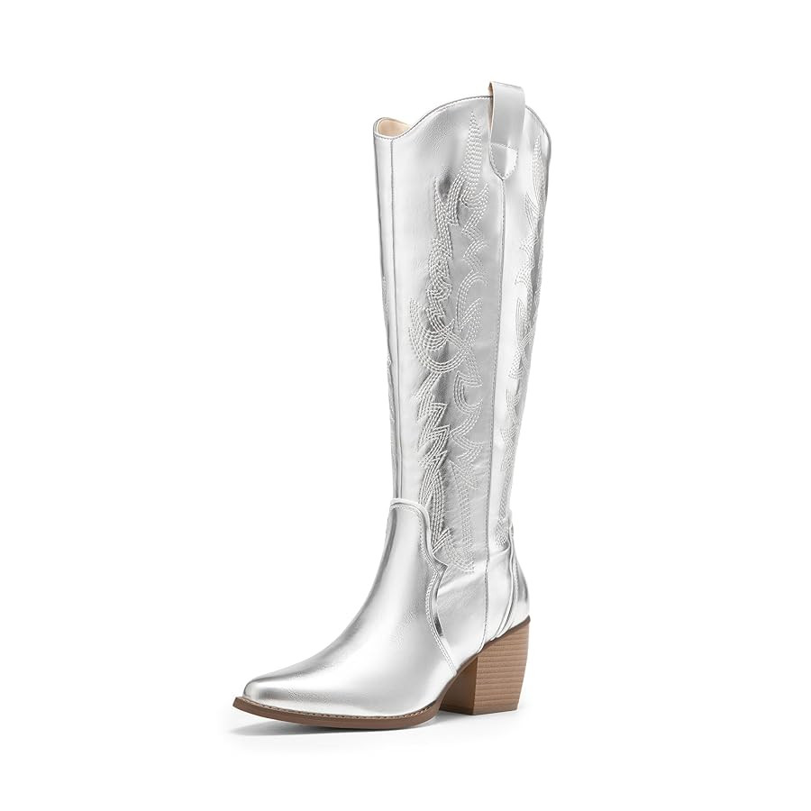 DREAM PAIRS Womens Cowboy Boots Wide Calf Comfortable Pull On Zipper Chunky Heel Pointed Toe Embr... | Amazon (US)