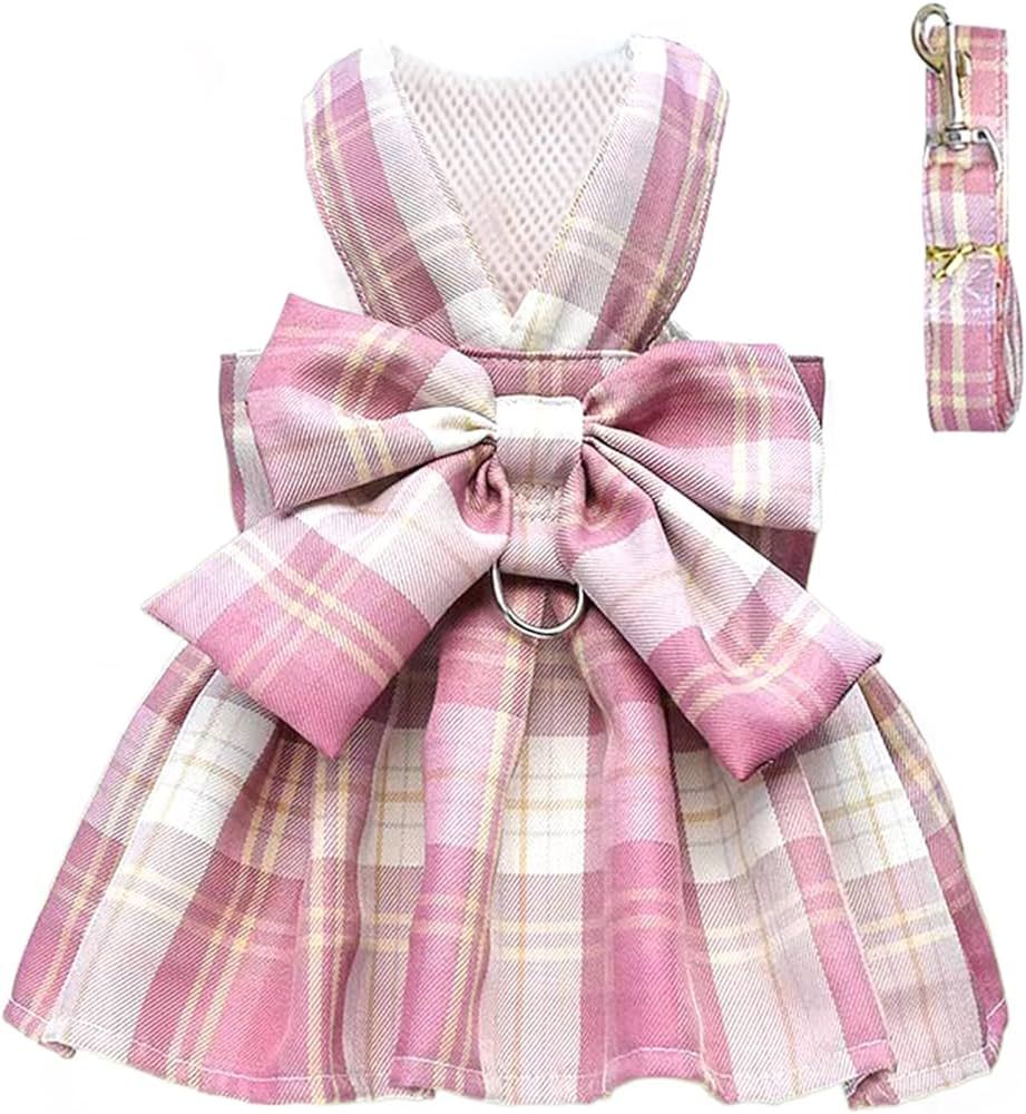 PETCARE Plaid Dog Dress Bow Tie Harness Leash Set for Small Dogs Cats Girl Cute Princess Dog Dres... | Amazon (US)