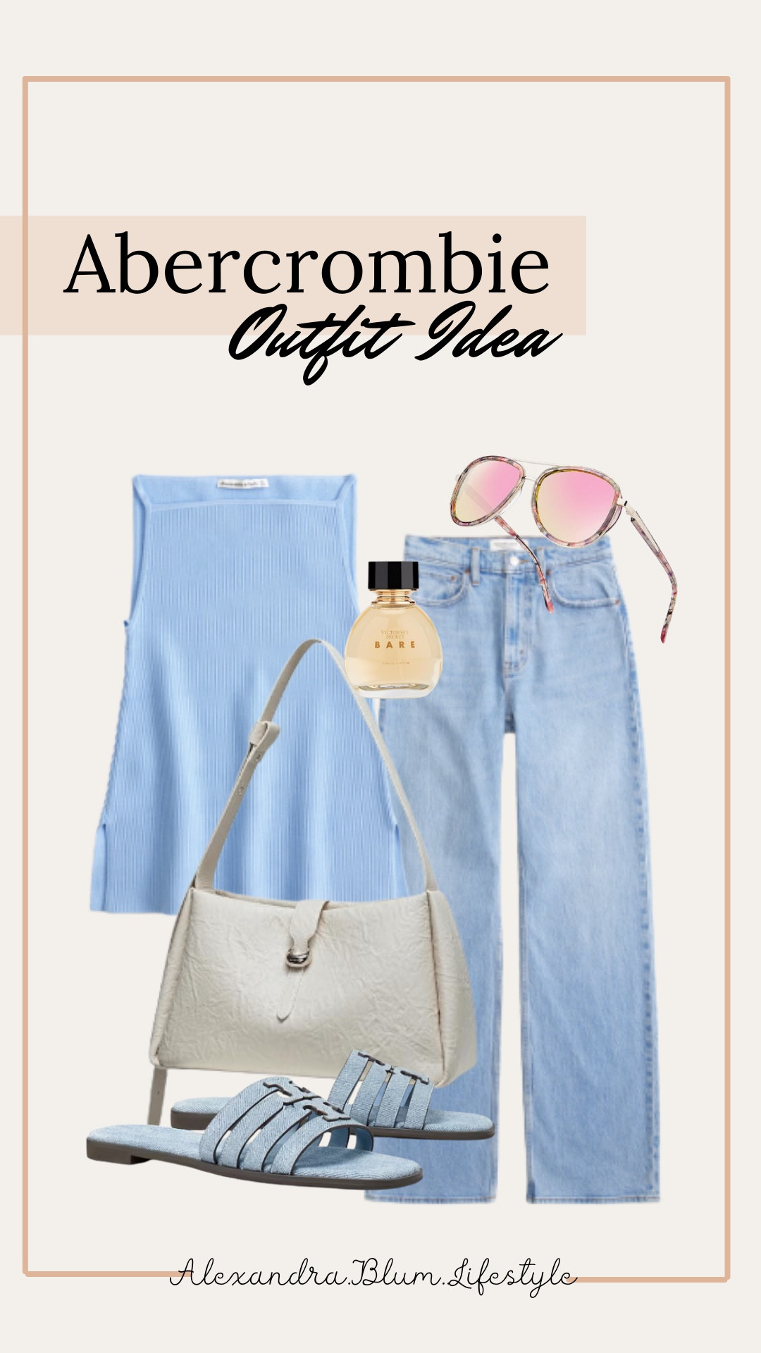 Spring outfit idea from Abercrombie! Blue knit sweater tank top pairs with baggy blue jeans, oversized white shoulder purse, and blue Tory Burch Sandals! Casual outfit idea! Spring outfits! 

#LTKFindsUnder50 #LTKFindsUnder100 #LTKMidsize