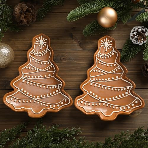 LemonRoad 2 Pcs Christmas Gingerbread Tree Shaped Platter 8 x 5.9 Inch Resin Hand Painted Brown and White Xmas Tree Snack Fruit Candy Serving Tray for Farmhouse Home Decoration Party Supplies Gift | Amazon (US)