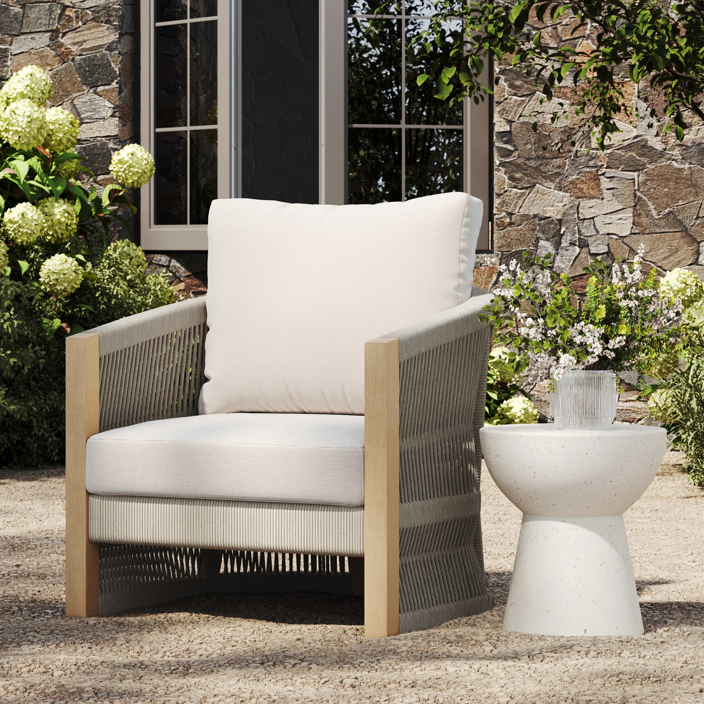 Outdoor Wood Rope Patio Arm Chair Ash White | Nathan James