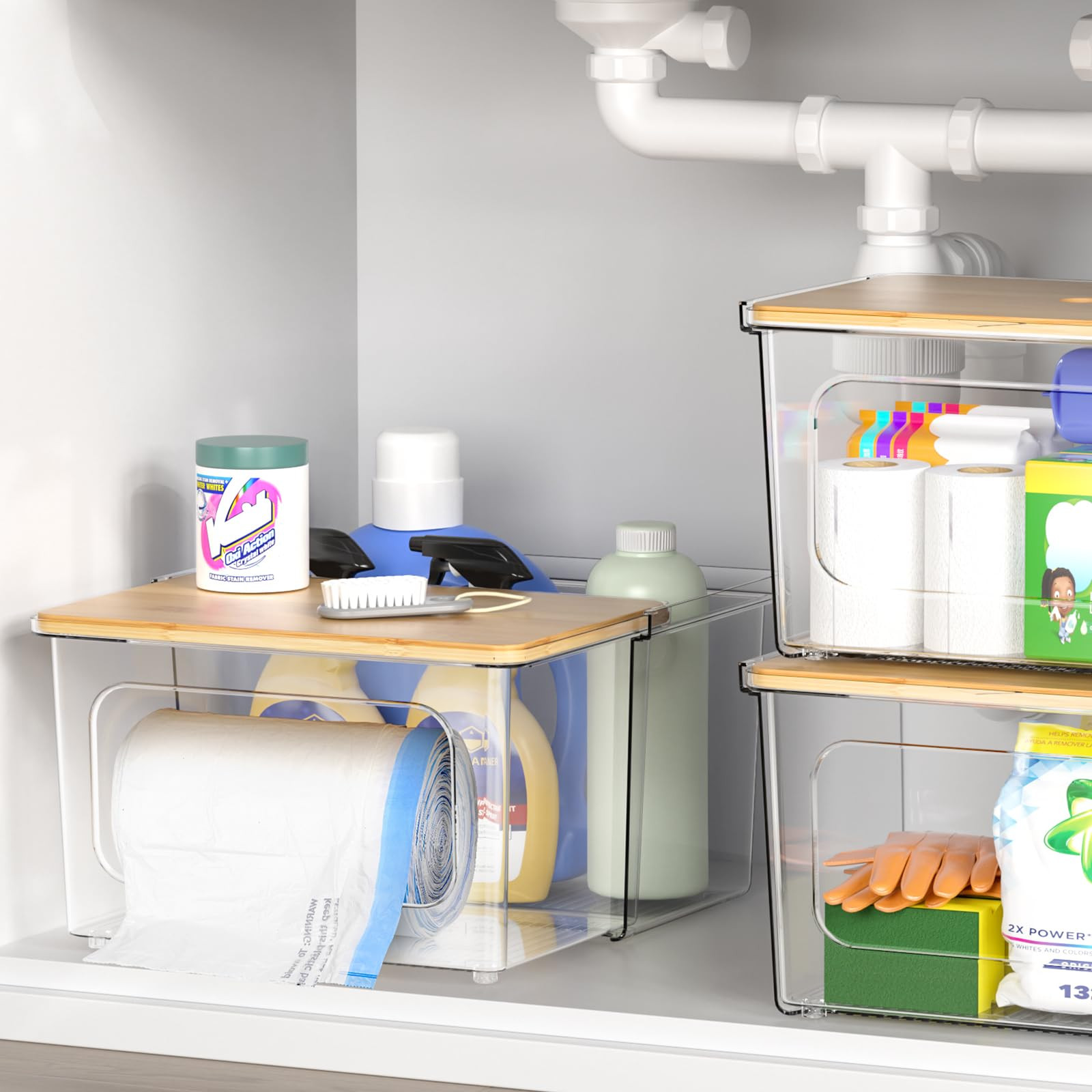 Trash Bag Dispenser Under Sink Organizer, 2-in-1 Acrylic Trash Bags Holder with Bamboo Lid, Holds... | Amazon (US)