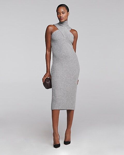 Cross Funnel Neck Sleeveless Midi Sweater Dress | Express