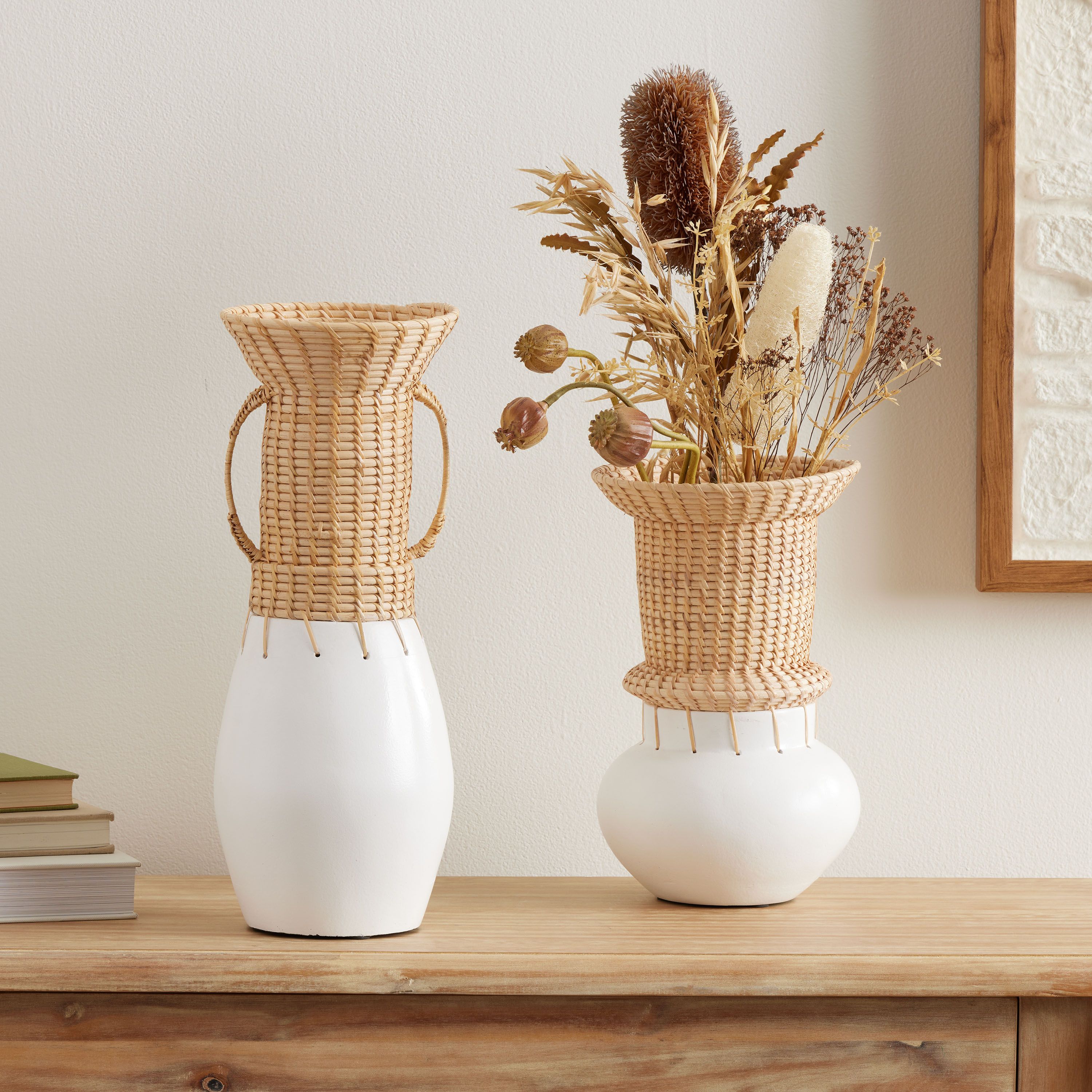 Natural Rattan And White Terracotta Vase Collection | World Market