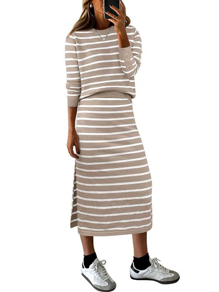 KLWCJFFF Women 2 Piece Outfits Striped Sweater Skirt Sets Fall Casual Long Sleeve Pullover Top Lo... | Amazon (CA)