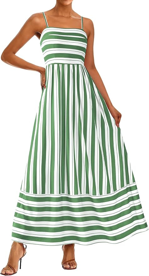 PRETTYGARDEN Women Summer Maxi Dresses 2026 Spaghetti Strap Boho Floral Striped Wedding Guest Bea... | Amazon (US)