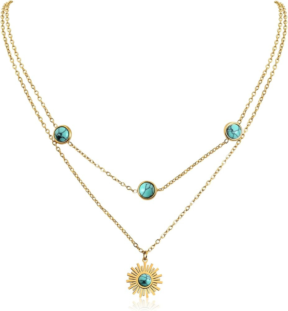 Turquoise Layered Necklace for Women Boho Sun Turquoise Pendant Gold Necklace Stack Adjustable Ch... | Amazon (US)