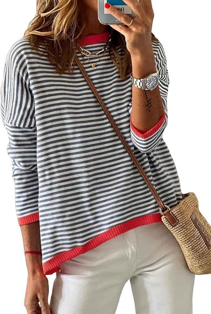 Dokotoo Women's Long Sleeve Sweaters Casual Crewneck Fashion Fall Striped Color Block Shirts High... | Amazon (US)