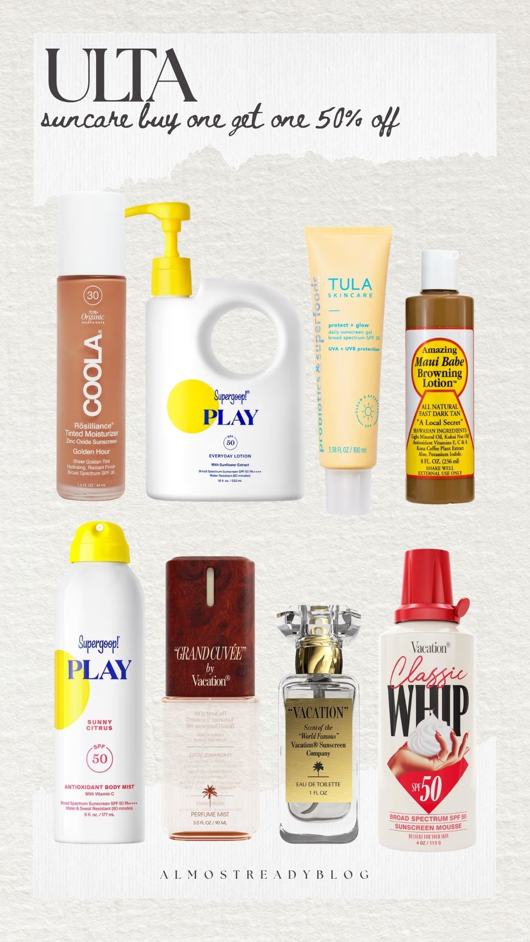 ULTA Suncare is buy one get one 50% off right now! 

sunscreen, sale alert, vacation finds, supergoop, self tanner, tula, vacation, perfume, body mist, amanda west 

 #LTKSeasonal #LTKBeauty #LTKTravel