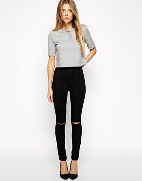 ASOS Rivington High Waist Denim Jeggings In Black With Ripped Knees - Bk1 | ASOS US