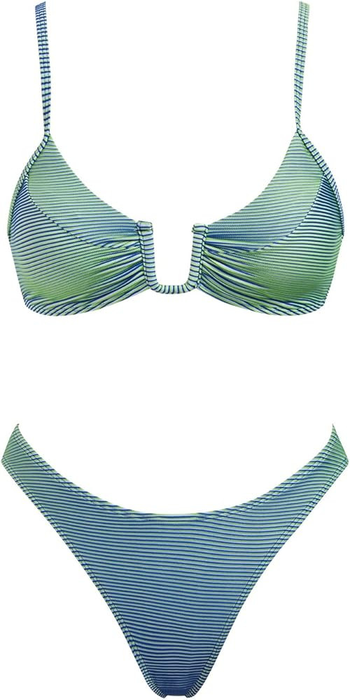 VOLAFA Women's Triangle Bikini Set Textured U Wire Push Up Solid Cheeky Two Piece Swimsuit Bathin... | Amazon (US)