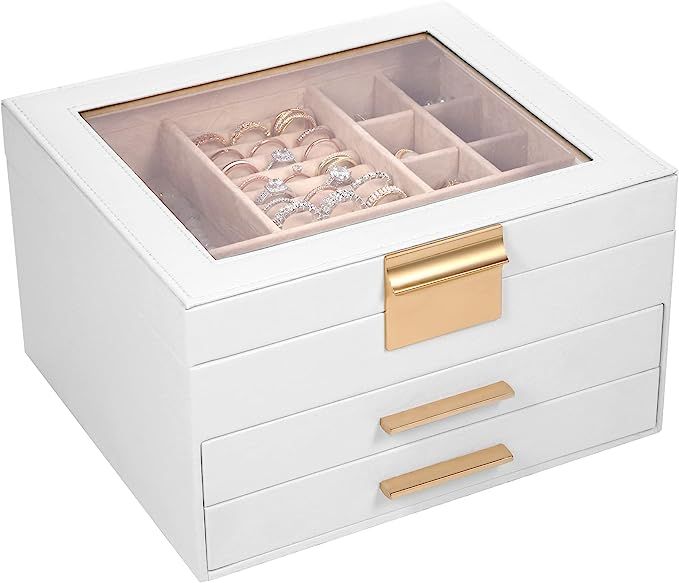 Zglori Jewelry Box, 3 Layers Jewelry Organizer with Glass Lid, 2 Drawers Jewelry Storage Case Hol... | Amazon (US)