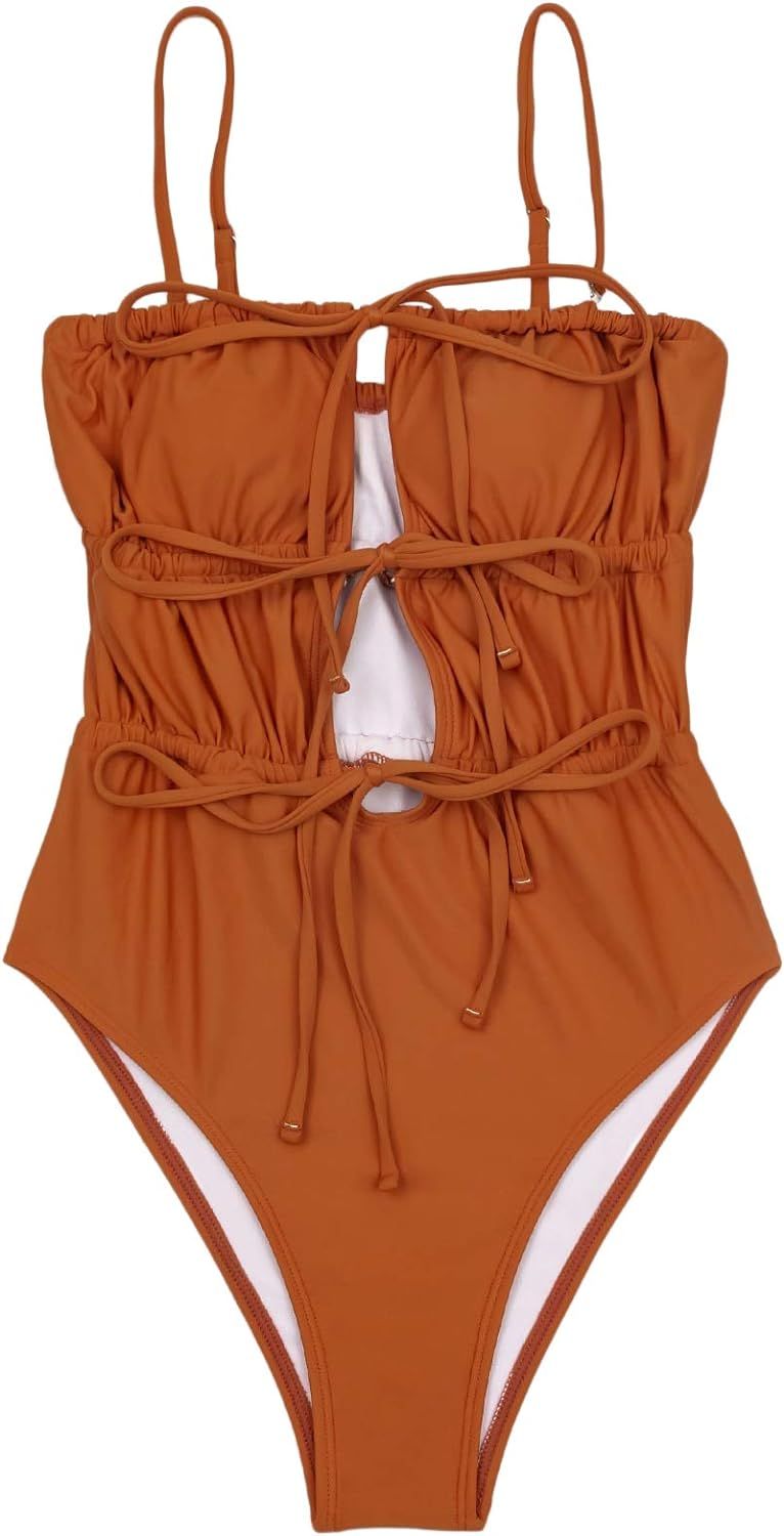 SOLY HUX Women's Spaghetti Strap Tie Front Monokini Bathing Suit One Piece Swimsuit | Amazon (US)