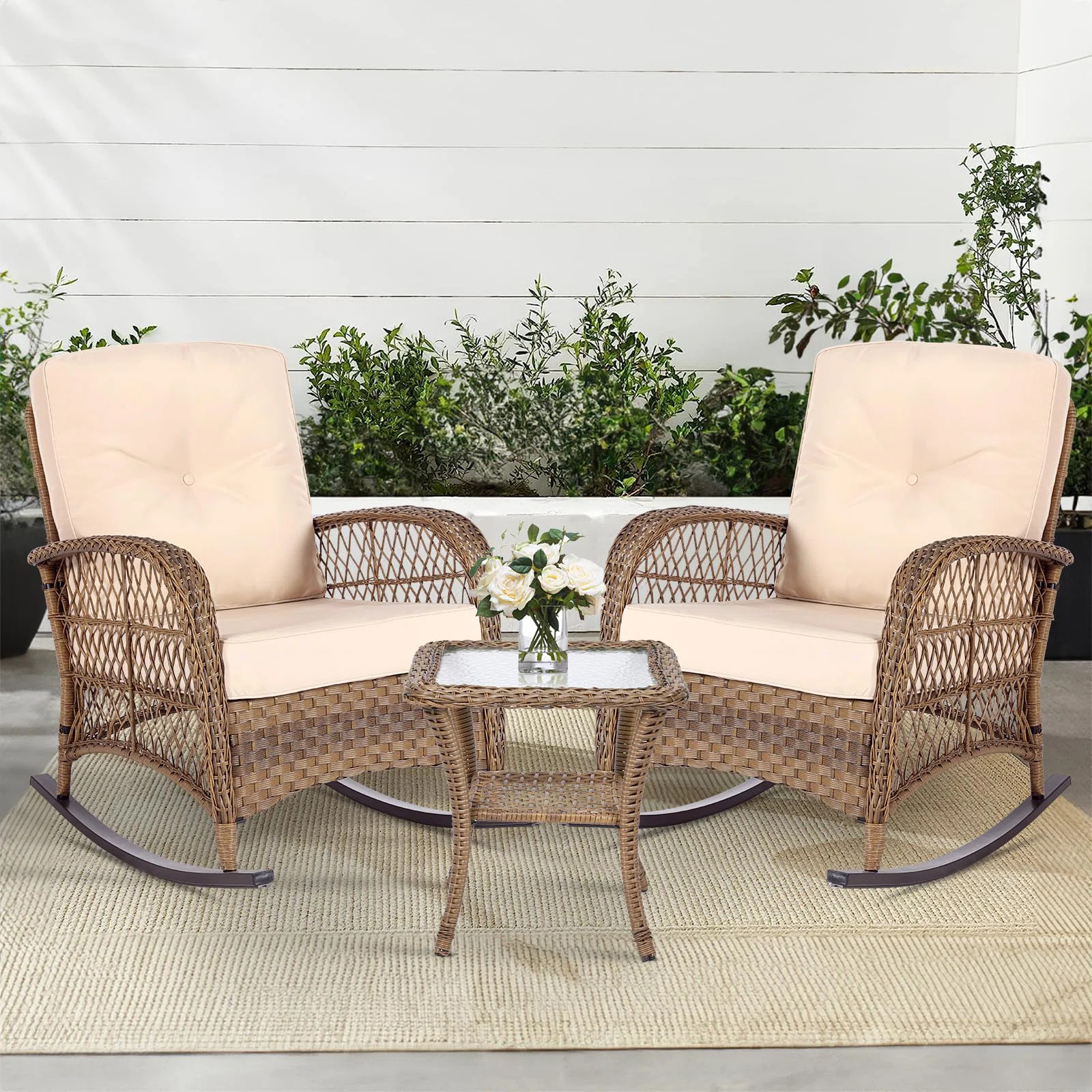 3 Pieces Outdoor Wicker Rocking Chair Set, Rattan Patio Rocker Chairs Set With Cushions And Glass... | Wayfair North America