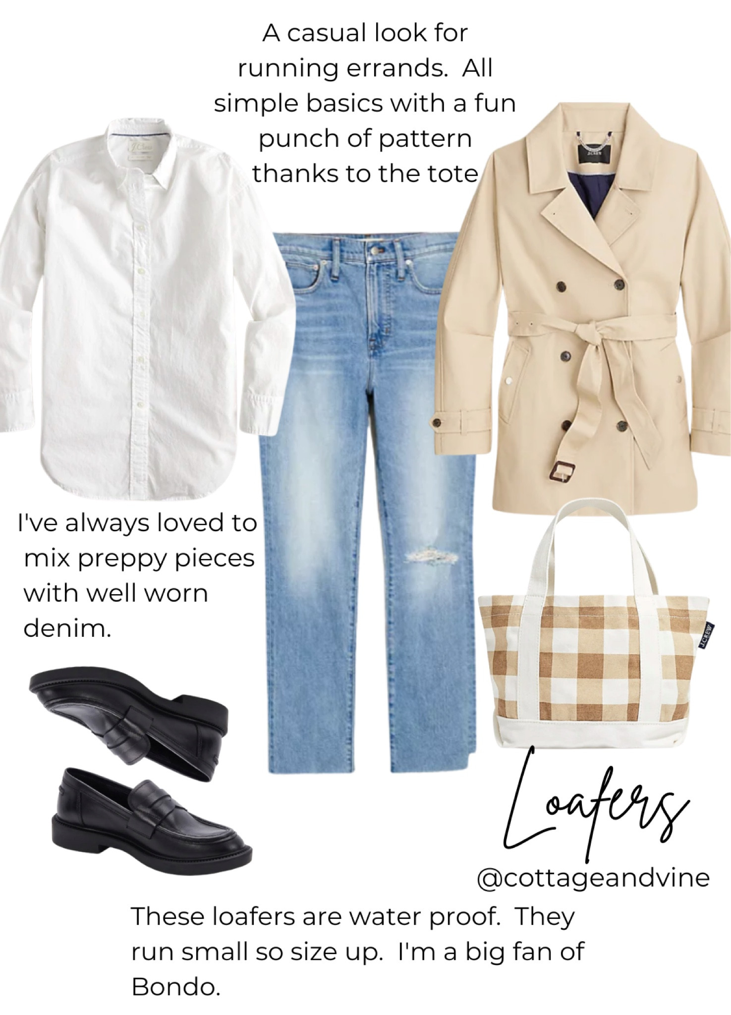 Styling loafers - a rainy day casual look.  Waterproof loafers, trench coat, a classic white button down, & a fun tote.  #loafers #preppy 

#LTKSeasonal #LTKshoecrush #LTKstyletip
