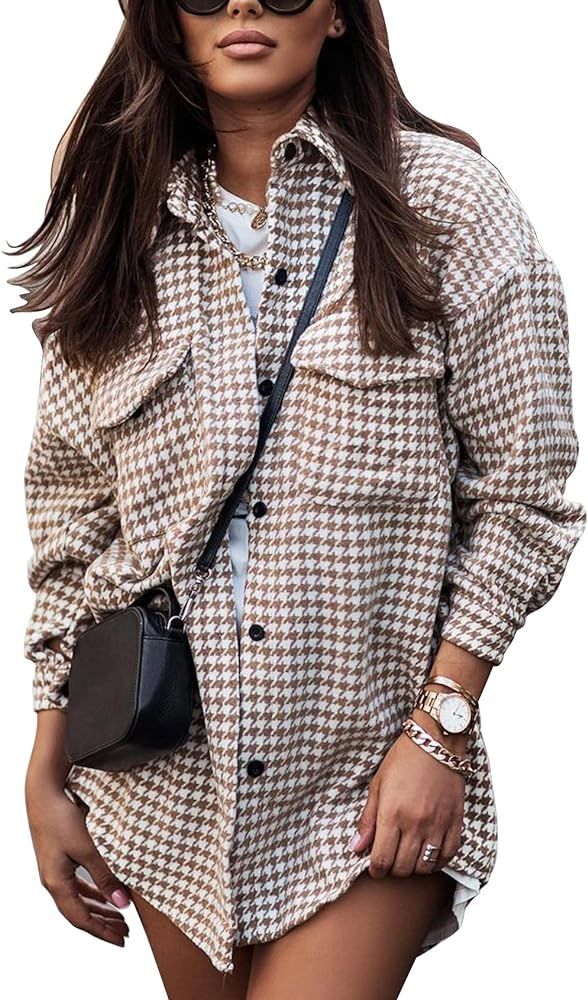 Wyeysyt Women's Houndstooth Shacket Long Sleeve Plaid Jacket Casual Cardigans Trench Shirt Fashio... | Amazon (US)