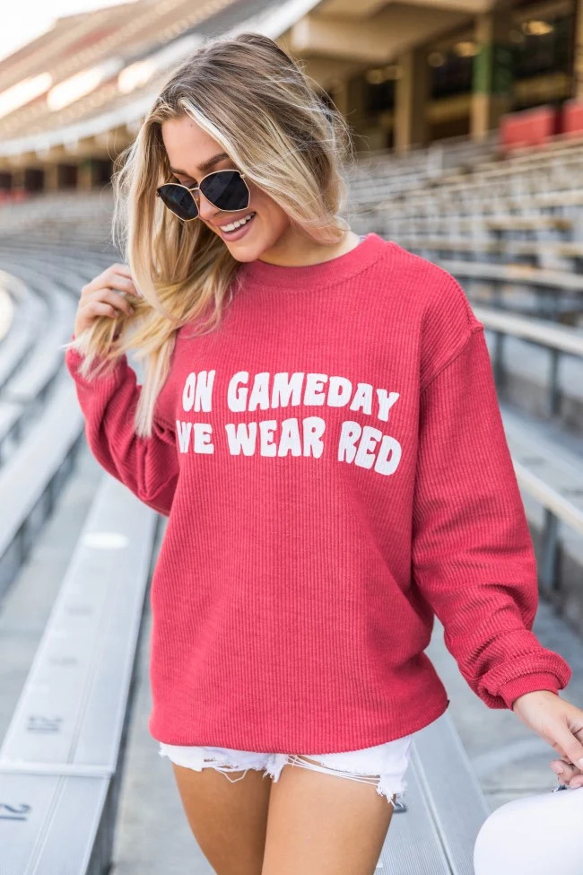 On Gameday We Wear Red Corded Graphic Sweatshirt | Pink Lily