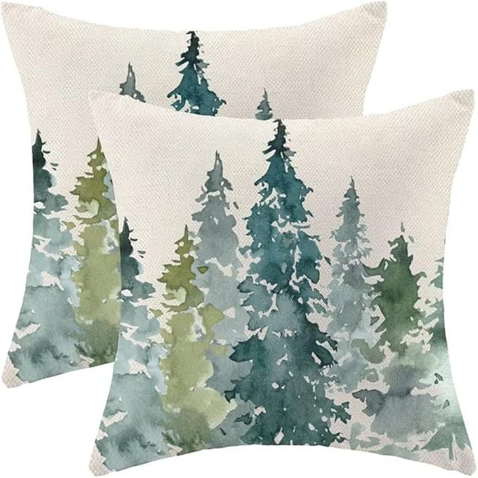 Watercolor Dark Green Tree Pillow Covers 18X18 Set of 2, Nature Themed Christmas Throw Pillow Cov... | Amazon (US)