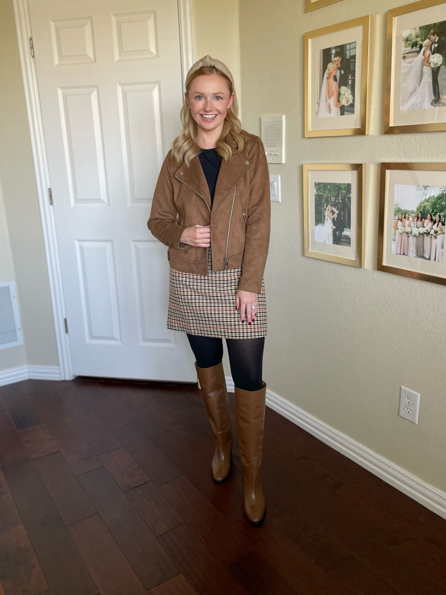 Wearing a 0 in skirt, XS in top and XSP in jacket! | suede jacket, moto jacket, plaid skirt, tall boots, brown boots 

#LTKFindsUnder100 #LTKStyleTip #LTKSeasonal