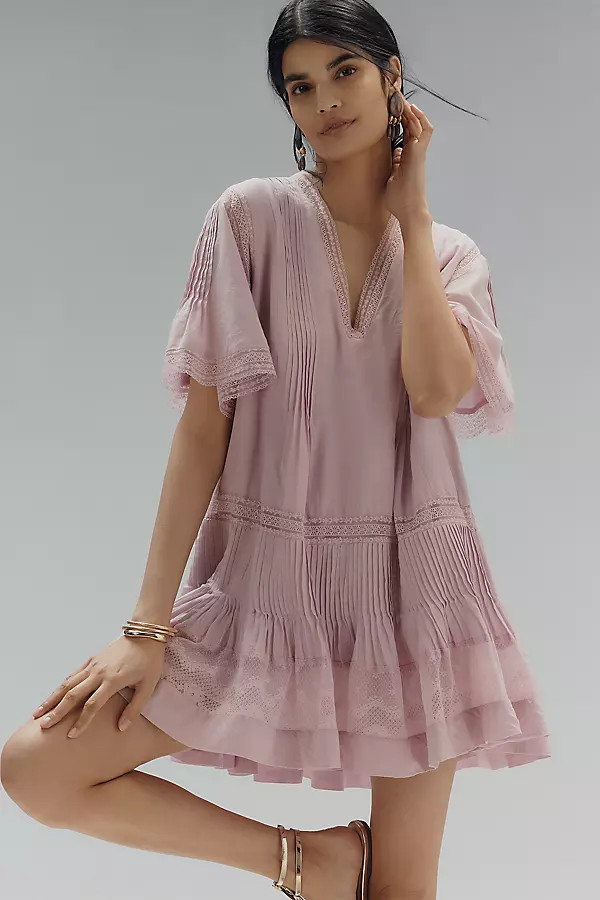 Maeve Short Sleeve V-Neck Pintuck Swing Tunic Dress | Anthropologie (US)