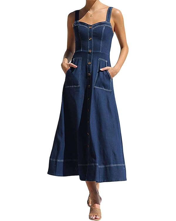 Women's Summer Adjustable Strap Sleeveless Midi Denim Dress Button Down A-Line Swing Flowy Jean D... | Amazon (US)