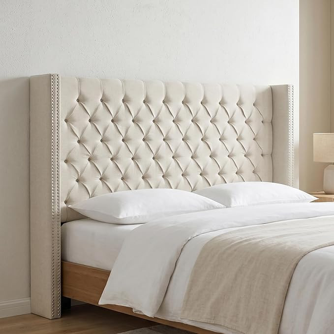 Madison Park Amelia Upholstered Headboard | Nail Head Trim Wingback Button Tufted | Queen, Cream | Amazon (US)