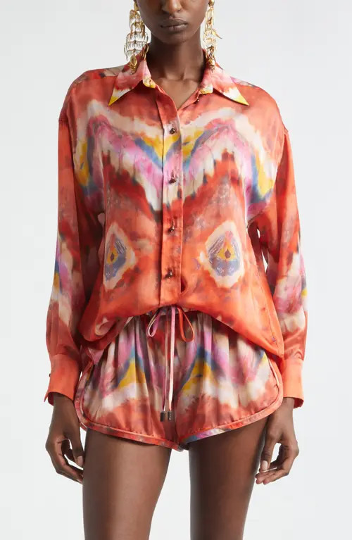 Zimmermann Kindred Spirit Alchemy Relaxed Silk Satin Button-Up Shirt in Ruby Tie Dye at Nordstrom, Size 3 | Nordstrom