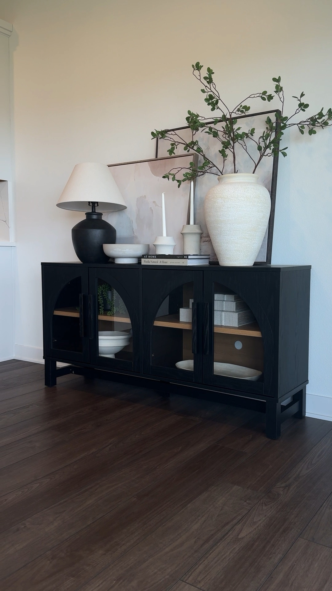 Sharing easy sideboard, console, and buffet  styling with budget-friendly pieces that elevate the space! ✨ I’m loving this neutral and modern look featuring my top-selling Walmart console, a sleek Walmart lamp, Target’s minimalist art, a neutral decor bowl, and this stunning large Crate & Barrel vase. Simple, affordable, and stylish! 

#LTKStyleTip #LTKVideo #LTKHome