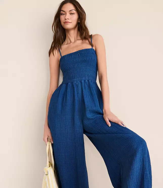 Lou & Grey Smocked Double Cloth Balloon Leg Jumpsuit | LOFT