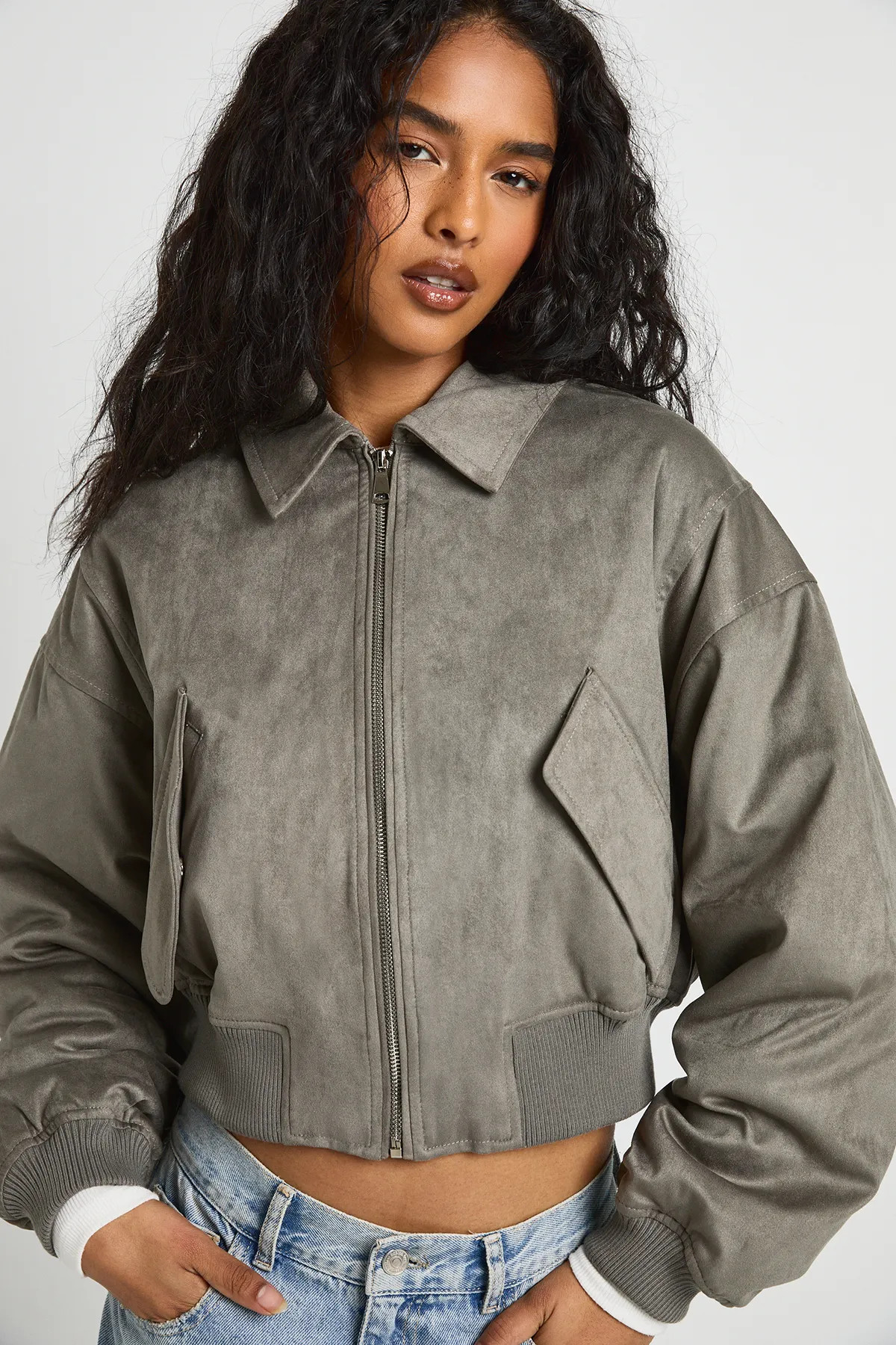 Womens Faux Suede Bomber Jacket - Grey - 12 | boohoo (US & Canada)