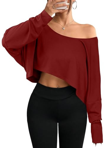 Hilinker Womens Off Shoulder Long Sleeve Crop Tops Sexy Boat Neck Loose Casual T Shirt Burgundy Small | Amazon (US)