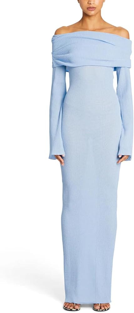 Famnbro Womens Sexy Off Shoulder Crochet Dress Long Sleeve Bodycon Knit Sweater Elegant Party Max... | Amazon (US)