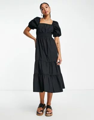 River Island shirred poplin midi dress in black | ASOS (Global)