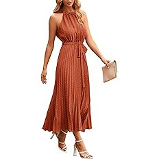 PRETTYGARDEN Women's Summer Casual Long Dress Sleeveless Halter Neck Swiss Dot Pleated Beach Maxi... | Amazon (US)
