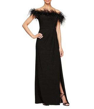 Alex Evenings Stretch Matte Jersey Feather Off-the-Shoulder Cap Sleeve Ruched Front Slit Gown | D... | Dillard's