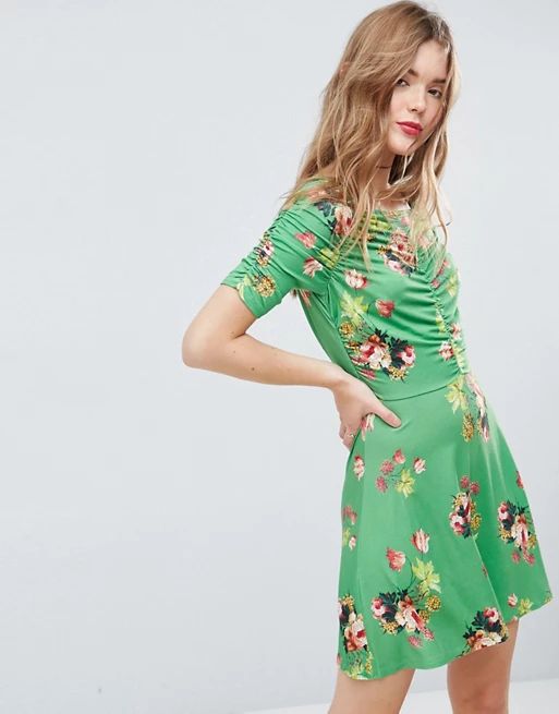 ASOS Mini Tea Dress with Rouching Detail in Green Floral Print | ASOS US