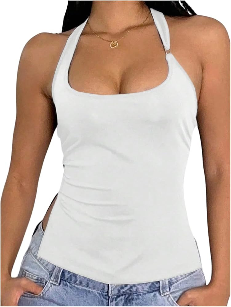 Milumia Women's Scoop Neck Low Cut Ruched Backless Halter Top Y2K Side Slit Fitted Sleeveless Tan... | Amazon (US)