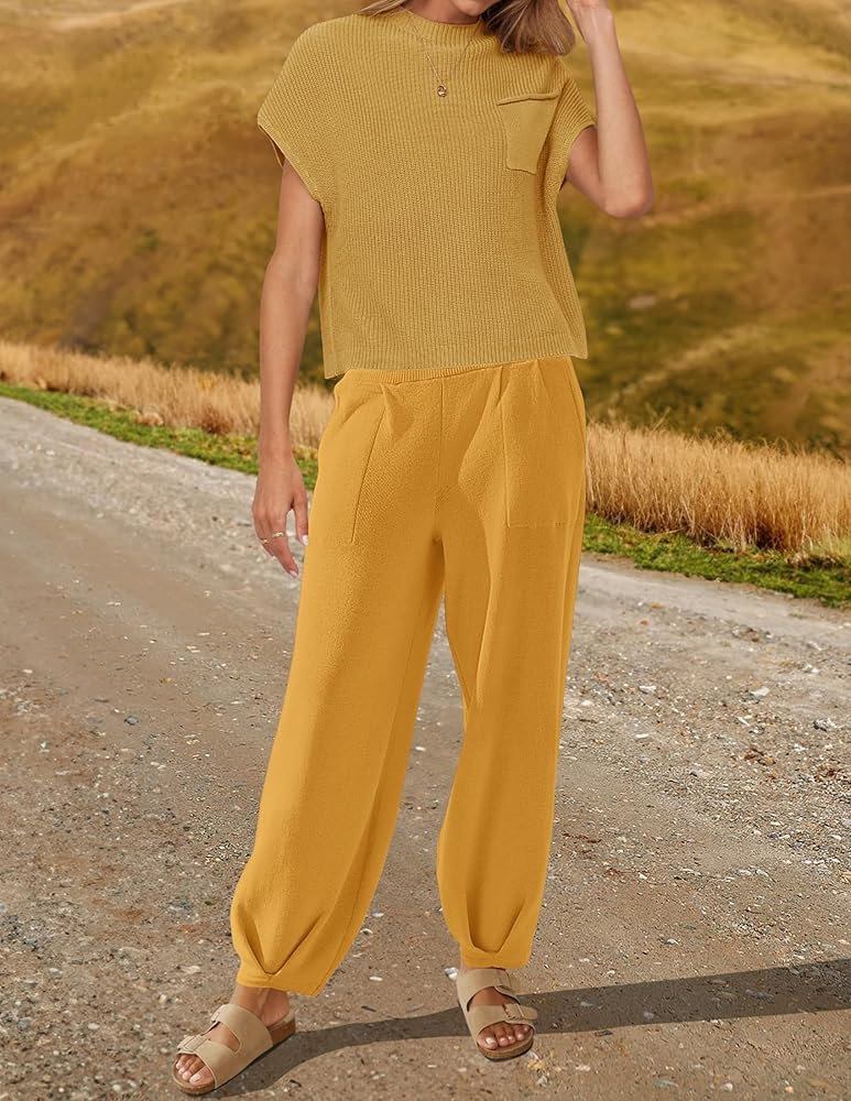 ZESICA Women's 2 Piece Outfits Sweater Set Short Sleeve Mock Neck Knit Pullover Top High Waist Pant  | Amazon (US)