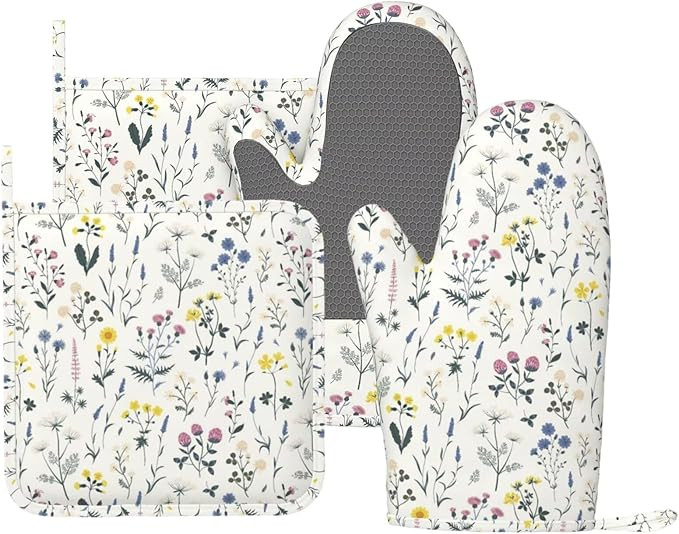 Meadow Wildflower Silicone Oven Mitts and Pot Holders Sets Boho Botanical Kitchen Mitts Floral an... | Amazon (US)