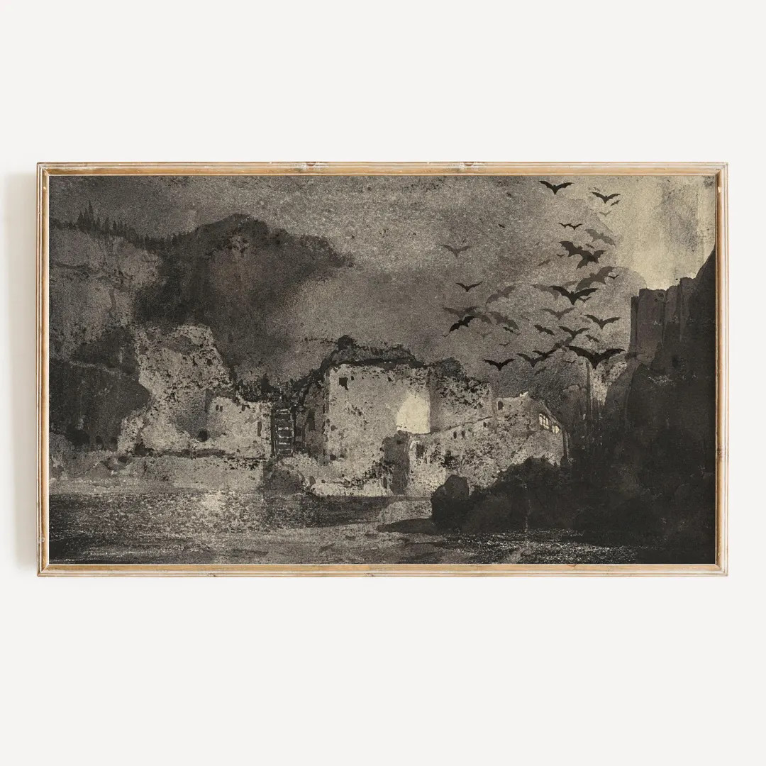 Frame TV Art Vintage Halloween Digital Download Spooky Bat Black & White Dark Toned Gothic Waterc... | Etsy (US)